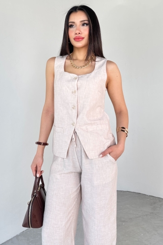 Cappmoda - TKM-13275 Bej Kare Yaka Yelek Bağlamalı Pantolon Keten İkili Takım (1)