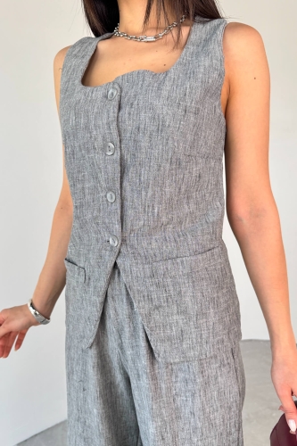 Cappmoda - TKM-13275 Gri Kare Yaka Yelek Bağlamalı Pantolon Keten İkili Takım (1)