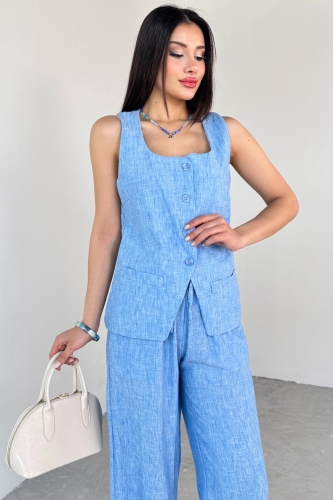 Cappmoda - TKM-13275 Mavi Kare Yaka Yelek Bağlamalı Pantolon Keten İkili Takım (1)
