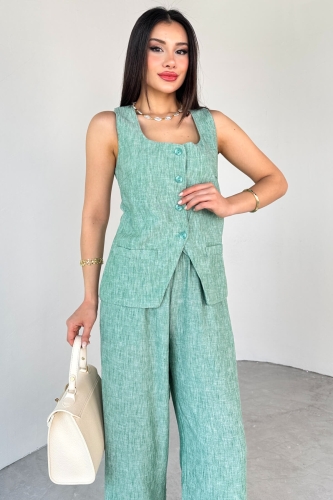 Cappmoda - TKM-13275 Yeşil Kare Yaka Yelek Bağlamalı Pantolon Keten İkili Takım (1)