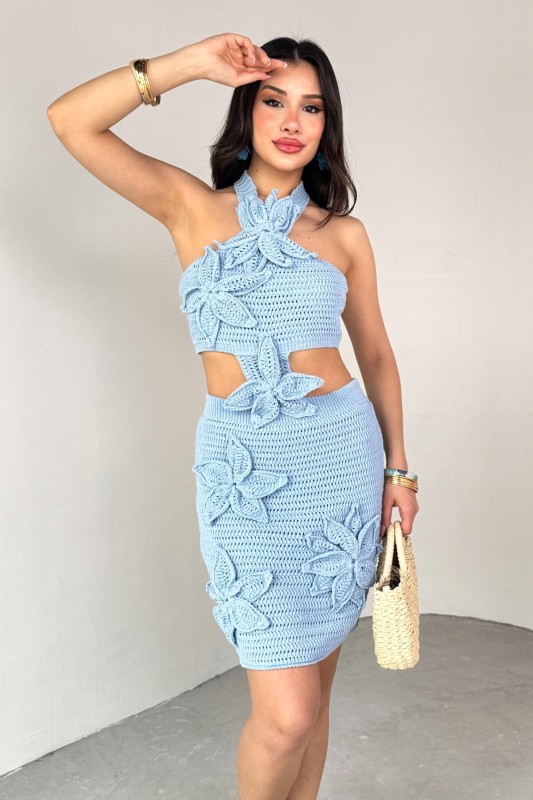 TKM-13276 Bebe Mavi Çiçek Desenli Bluz Etek Örgü İkili Takım - 2