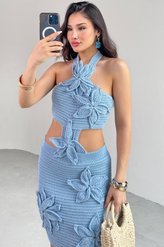 TKM-13276 Bebe Mavi Çiçek Desenli Bluz Etek Örgü İkili Takım - 8