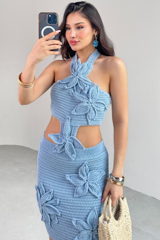 TKM-13276 Bebe Mavi Çiçek Desenli Bluz Etek Örgü İkili Takım - 8