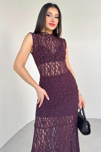 Cappmoda - TKM-13278 Mürdüm Rengi Dantel Bluz Astarlı Midi Boy Etek İkili Takım (1)