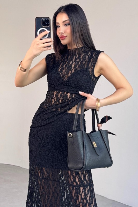TKM-13278 Siyah Dantel Bluz Astarlı Midi Boy Etek İkili Takım