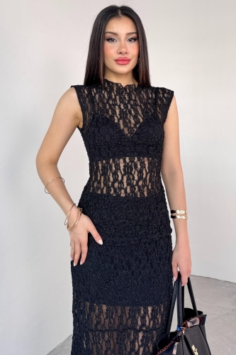 Cappmoda - TKM-13278 Siyah Dantel Bluz Astarlı Midi Boy Etek İkili Takım (1)