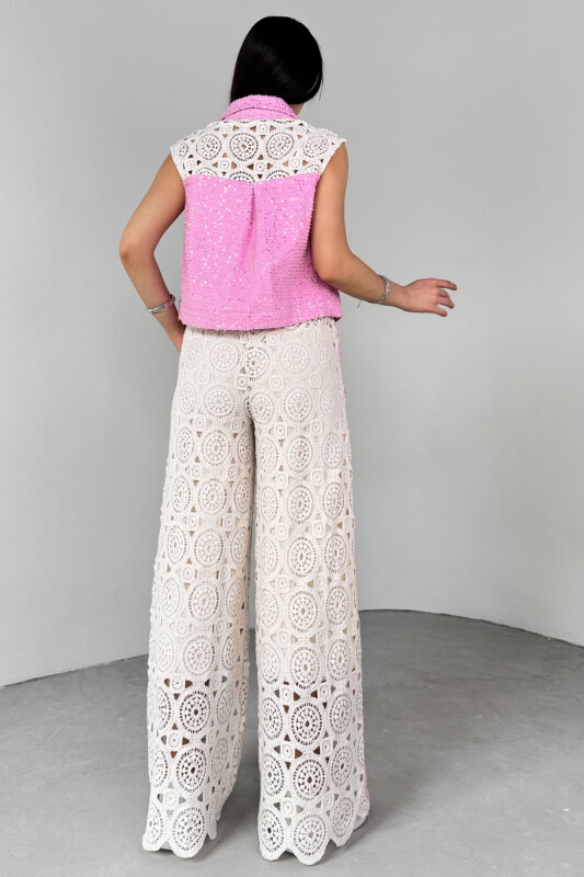 TKM-13279 Pembe Pullu Triko Detaylı Kot Yelek Pantolon İkili Takım