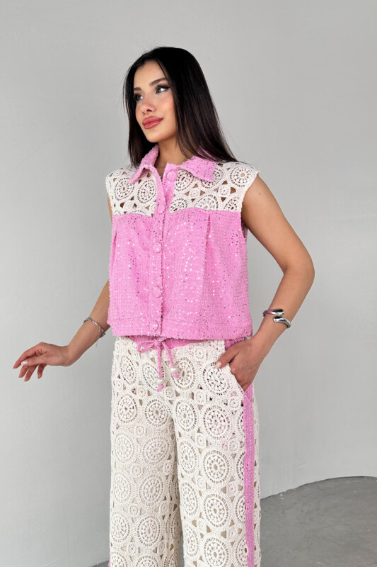 TKM-13279 Pembe Pullu Triko Detaylı Kot Yelek Pantolon İkili Takım