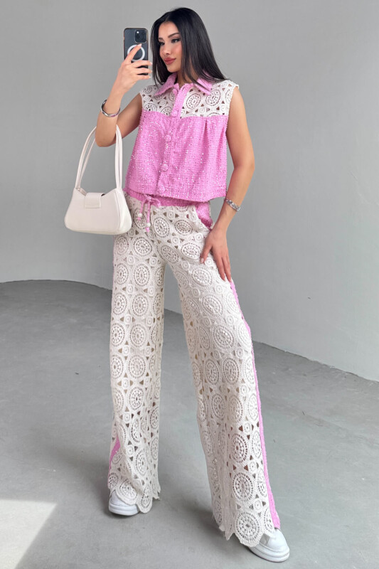 TKM-13279 Pembe Pullu Triko Detaylı Kot Yelek Pantolon İkili Takım