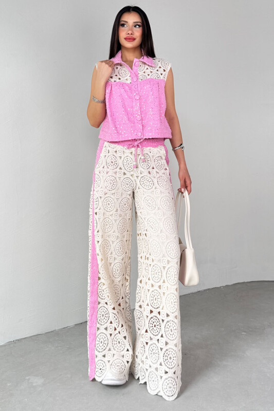 TKM-13279 Pembe Pullu Triko Detaylı Kot Yelek Pantolon İkili Takım