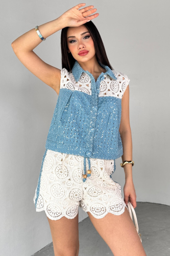 Cappmoda - TKM-13280 Mavi Pullu Triko Detaylı Kot Yelek Şort İkili Takım (1)