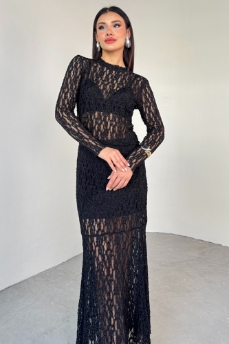Cappmoda - TKM-13281 Siyah Dantel Kumaş Uzun Kollu Bluz Astarlı Etek İkili Takım (1)