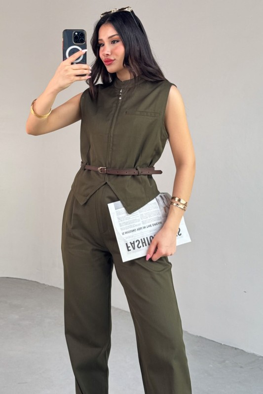 TKM-13282 Haki Fermuarlı Kemerli Yelek Pensli Pantolon İkili Takım - 2