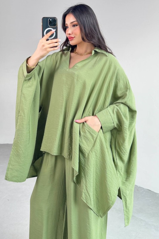 TKM-13286 Mint Yeşili Gömlek Yaka Cepli Yarasa Kol Bluz Bol Paça Salaş Pantolon İkili Takım - 3
