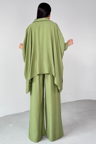 TKM-13286 Mint Yeşili Gömlek Yaka Cepli Yarasa Kol Bluz Bol Paça Salaş Pantolon İkili Takım - 4