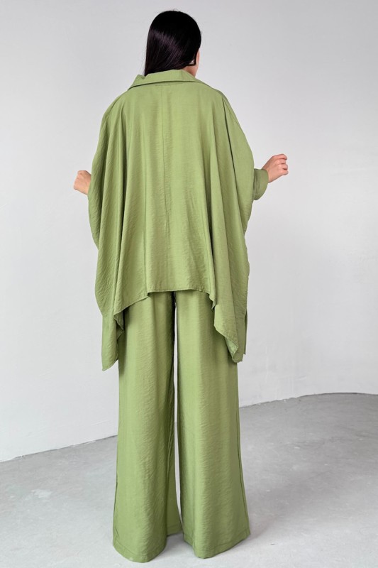 TKM-13286 Mint Yeşili Gömlek Yaka Cepli Yarasa Kol Bluz Bol Paça Salaş Pantolon İkili Takım - 4
