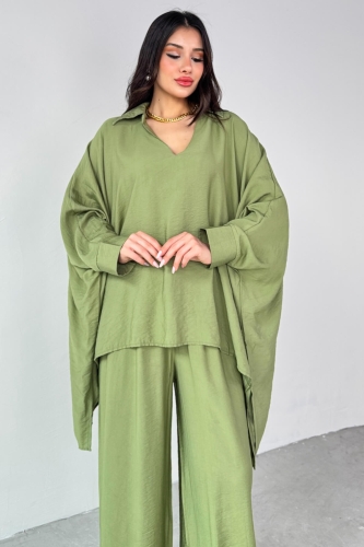 TKM-13286 Mint Yeşili Gömlek Yaka Cepli Yarasa Kol Bluz Bol Paça Salaş Pantolon İkili Takım - 5