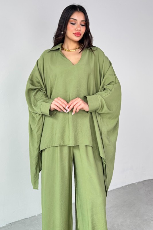 TKM-13286 Mint Yeşili Gömlek Yaka Cepli Yarasa Kol Bluz Bol Paça Salaş Pantolon İkili Takım - 5
