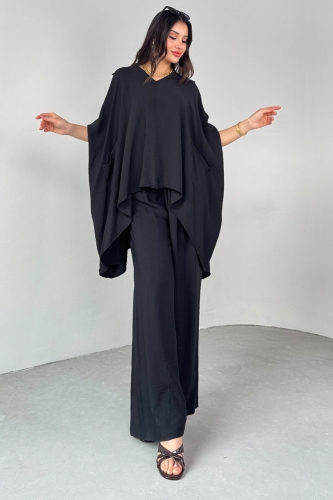 TKM-13286 Siyah Gömlek Yaka Cepli Yarasa Kol Bluz Bol Paça Salaş Pantolon İkili Takım - 3