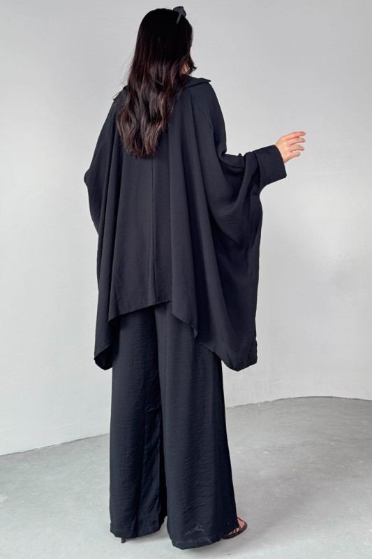 TKM-13286 Siyah Gömlek Yaka Cepli Yarasa Kol Bluz Bol Paça Salaş Pantolon İkili Takım - 6