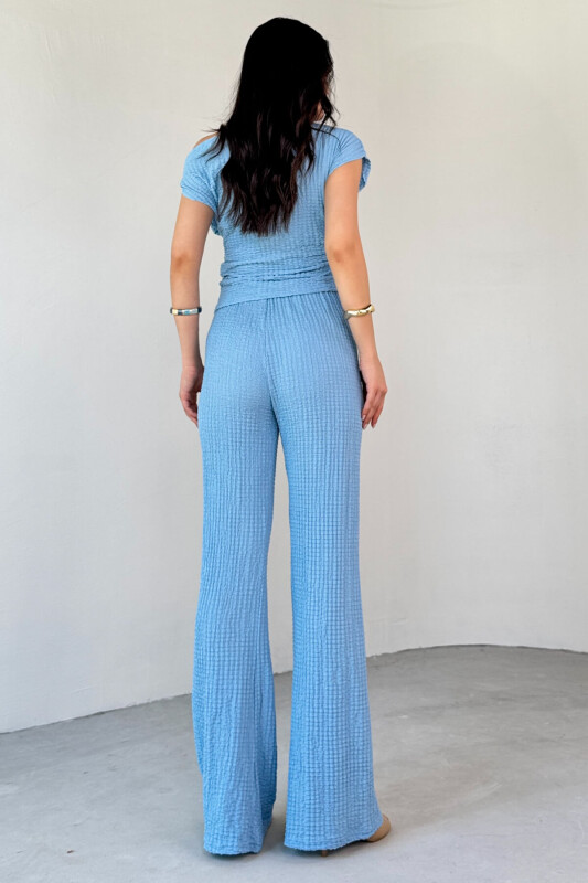 TKM-13288 Bebe Mavi Bubble Kumaş Kayık Yaka Büzgülü Bluz Salaş Pantolon İkili Takım - 8