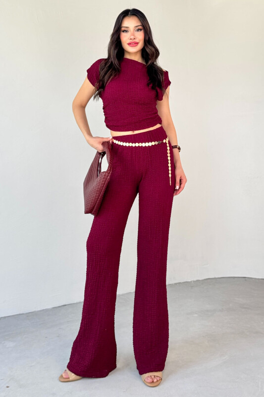 TKM-13288 Bordo Bubble Kumaş Kayık Yaka Büzgülü Bluz Salaş Pantolon İkili Takım - 4