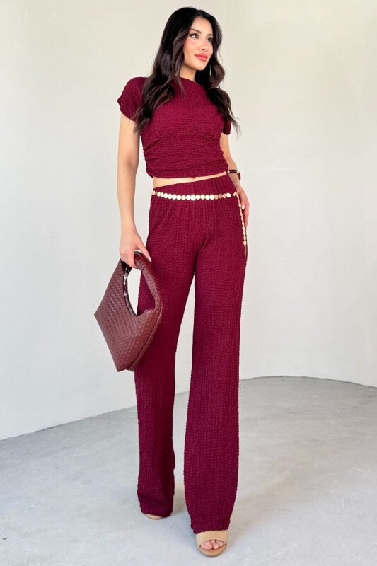 TKM-13288 Bordo Bubble Kumaş Kayık Yaka Büzgülü Bluz Salaş Pantolon İkili Takım - 5