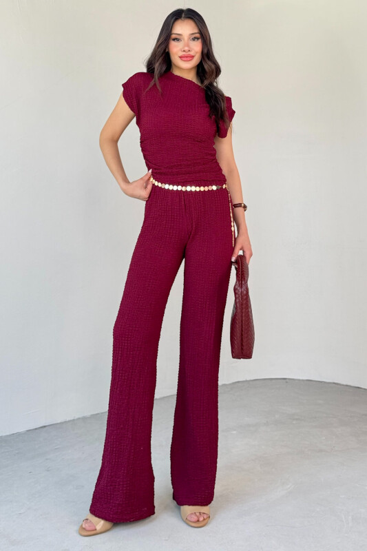 TKM-13288 Bordo Bubble Kumaş Kayık Yaka Büzgülü Bluz Salaş Pantolon İkili Takım - 6