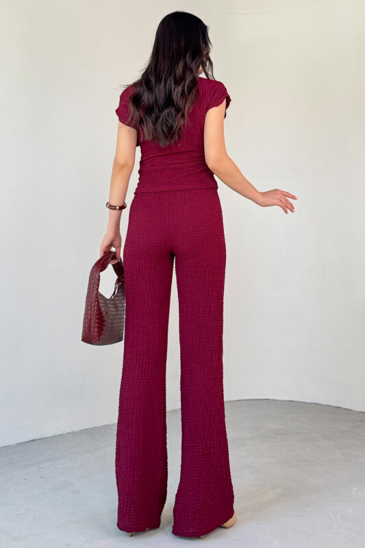 TKM-13288 Bordo Bubble Kumaş Kayık Yaka Büzgülü Bluz Salaş Pantolon İkili Takım - 3
