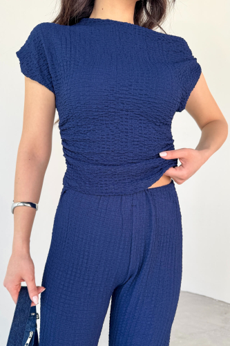 TKM-13288 Lacivert Bubble Kumaş Kayık Yaka Büzgülü Bluz Salaş Pantolon İkili Takım - 7