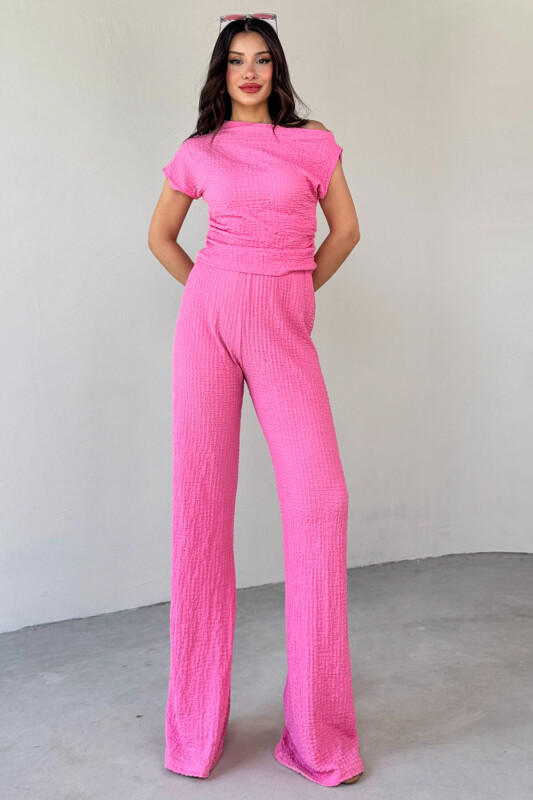TKM-13288 Pembe Bubble Kumaş Kayık Yaka Büzgülü Bluz Salaş Pantolon İkili Takım - 7