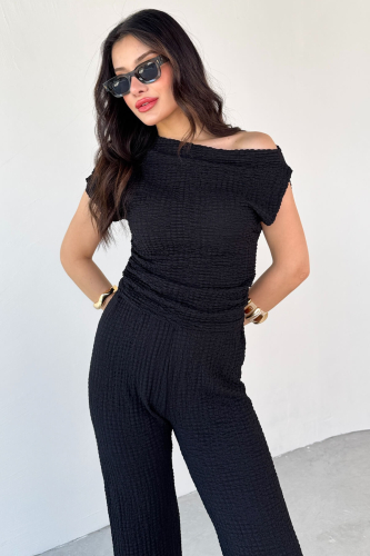 TKM-13288 Siyah Bubble Kumaş Kayık Yaka Büzgülü Bluz Salaş Pantolon İkili Takım - 6