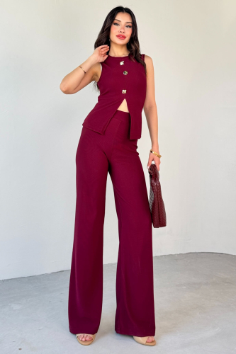 TKM-13289 Bordo Gold Düğme Detaylı Bluz Lastikli Pantolon Kaşkorse İkili Takım 