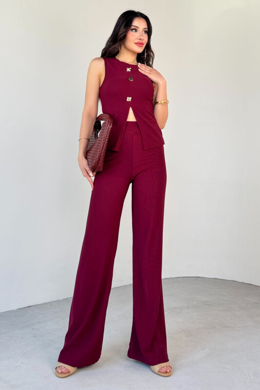 TKM-13289 Bordo Gold Düğme Detaylı Bluz Lastikli Pantolon Kaşkorse İkili Takım - 3
