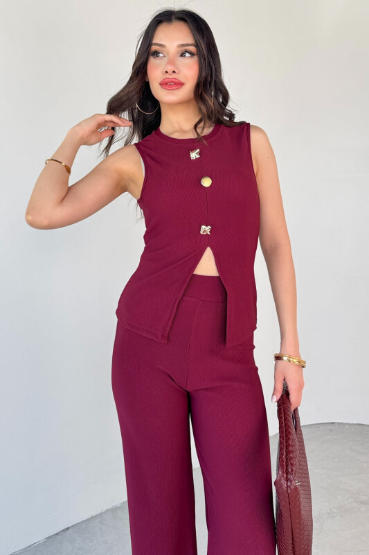 TKM-13289 Bordo Gold Düğme Detaylı Bluz Lastikli Pantolon Kaşkorse İkili Takım - 5