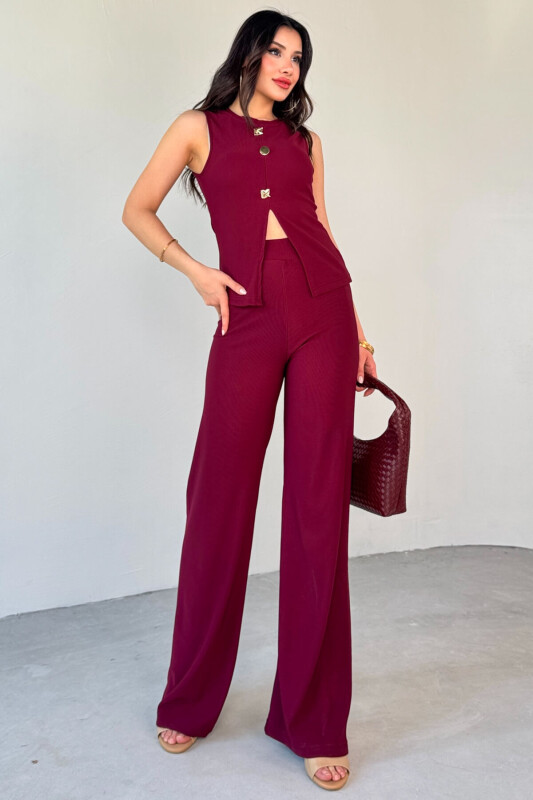 TKM-13289 Bordo Gold Düğme Detaylı Bluz Lastikli Pantolon Kaşkorse İkili Takım - 6