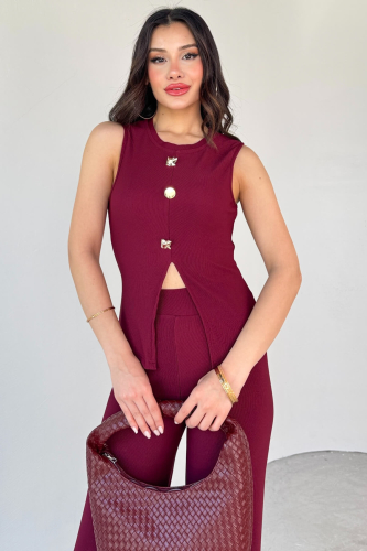 TKM-13289 Bordo Gold Düğme Detaylı Bluz Lastikli Pantolon Kaşkorse İkili Takım - 2