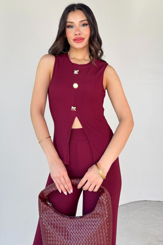 TKM-13289 Bordo Gold Düğme Detaylı Bluz Lastikli Pantolon Kaşkorse İkili Takım - 2