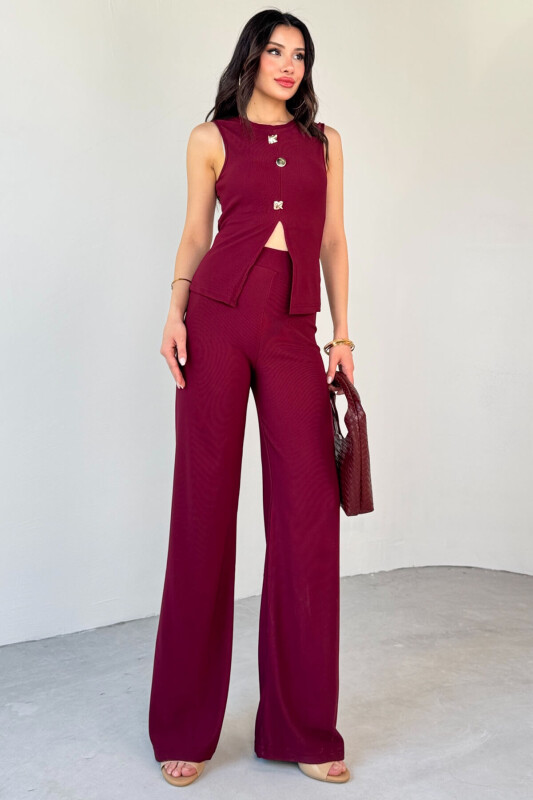 TKM-13289 Bordo Gold Düğme Detaylı Bluz Lastikli Pantolon Kaşkorse İkili Takım - 7