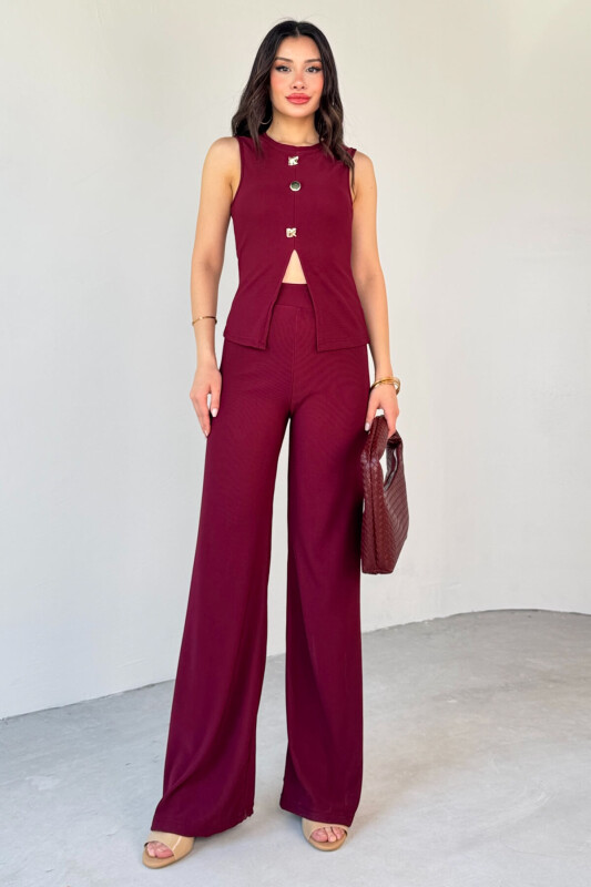TKM-13289 Bordo Gold Düğme Detaylı Bluz Lastikli Pantolon Kaşkorse İkili Takım - 8