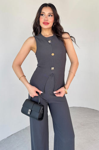 TKM-13289 Füme Gold Düğme Detaylı Bluz Lastikli Pantolon Kaşkorse İkili Takım - 2