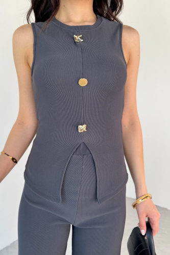 TKM-13289 Füme Gold Düğme Detaylı Bluz Lastikli Pantolon Kaşkorse İkili Takım - 4