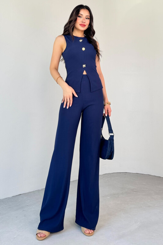 TKM-13289 Lacivert Gold Düğme Detaylı Bluz Lastikli Pantolon Kaşkorse İkili Takım - 4