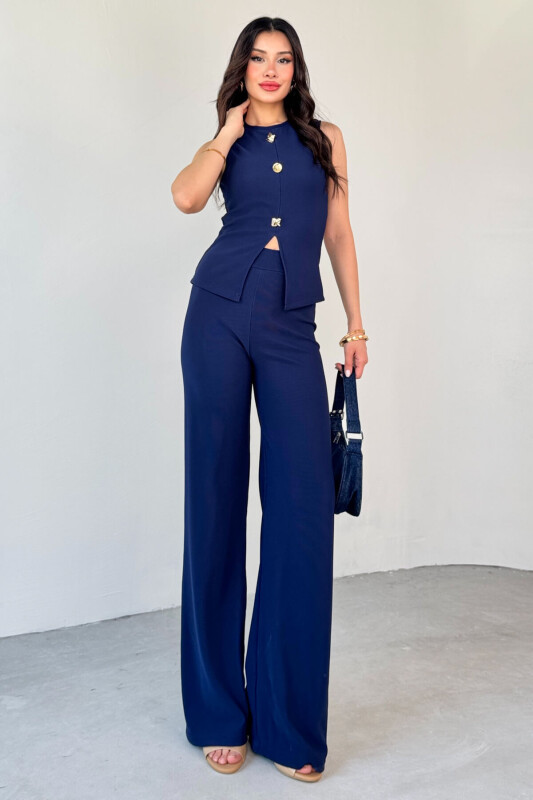 TKM-13289 Lacivert Gold Düğme Detaylı Bluz Lastikli Pantolon Kaşkorse İkili Takım - 5