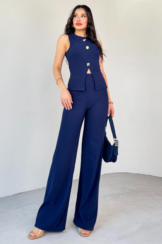 TKM-13289 Lacivert Gold Düğme Detaylı Bluz Lastikli Pantolon Kaşkorse İkili Takım - 6
