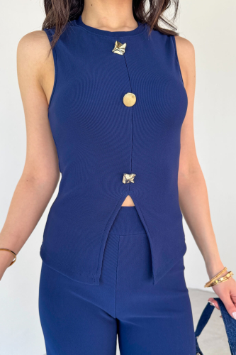 TKM-13289 Lacivert Gold Düğme Detaylı Bluz Lastikli Pantolon Kaşkorse İkili Takım - 7