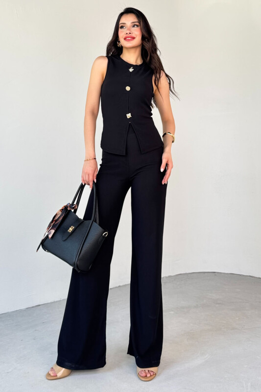 TKM-13289 Siyah Gold Düğme Detaylı Bluz Lastikli Pantolon Kaşkorse İkili Takım - 1