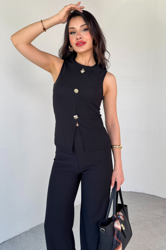 TKM-13289 Siyah Gold Düğme Detaylı Bluz Lastikli Pantolon Kaşkorse İkili Takım - 2