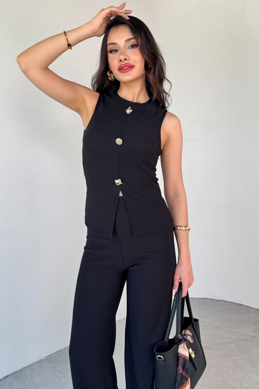 TKM-13289 Siyah Gold Düğme Detaylı Bluz Lastikli Pantolon Kaşkorse İkili Takım - 2