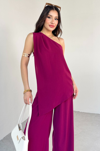 TKM-13291 Mürdüm Tek Omuz Dökümlü Bluz Lastikli Bol Paça Pantolon İkili Takım - 2